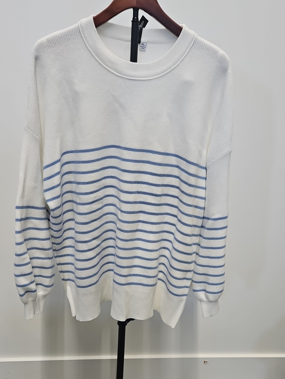 Cream and Light Blue Striped Crewneck Sweater